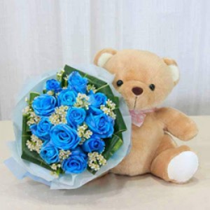 12 Blue Roses / Bouquet and 12 inches brown stuffed toy