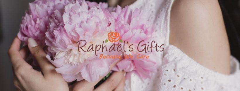 A woman embracing a bunch of pink flowers and Raphael's Gift logo in the middle